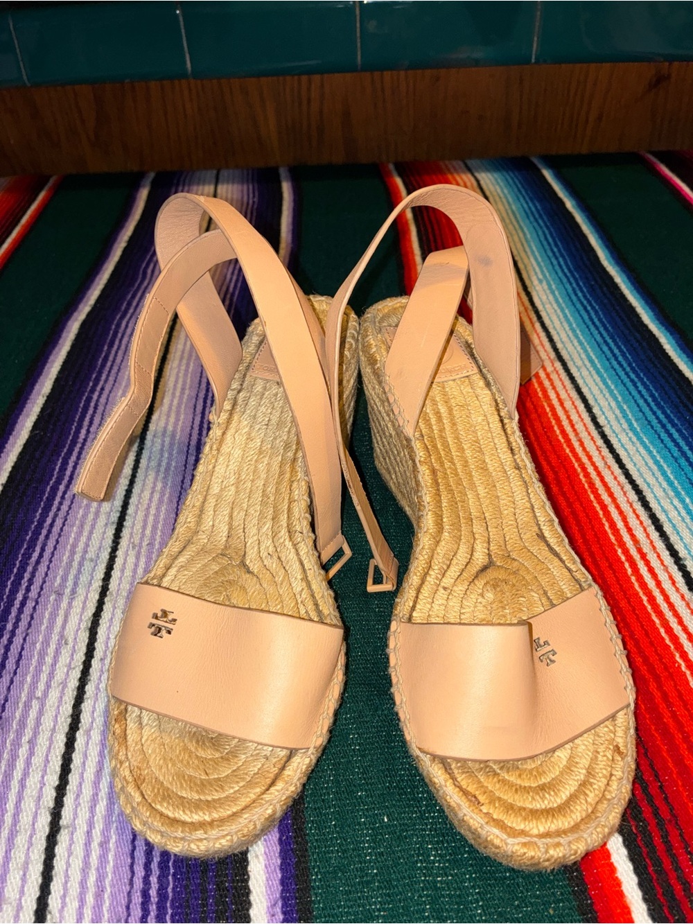 Tory Burch Nude Leather Espadrille Wedge Sandals Ankle Strap Size 8.5